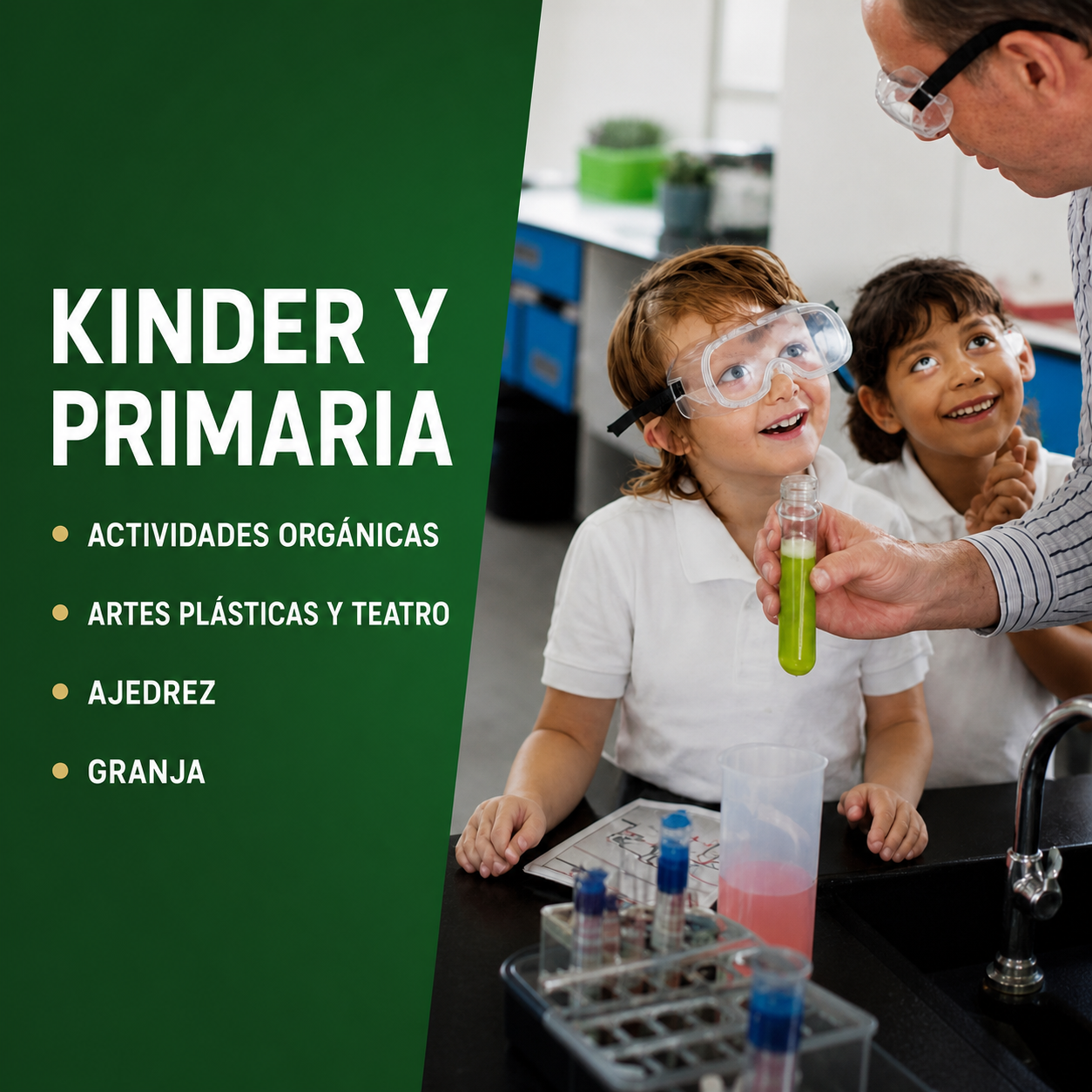 Alumnos del Instituto Einstein realizando actividades de ciencia; Kinder y Primaria, actividades orgánicas, artes plásticas y teatro, ajedrez y granja.